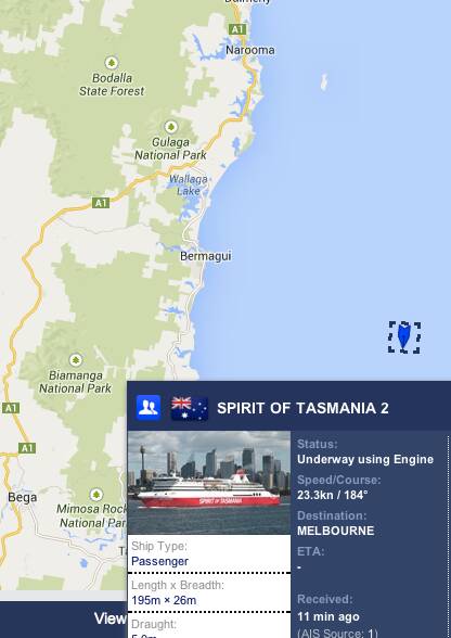 SHIPSPOTTING: The Spirit of Tasmania 2 as identified on a vessel tracker.