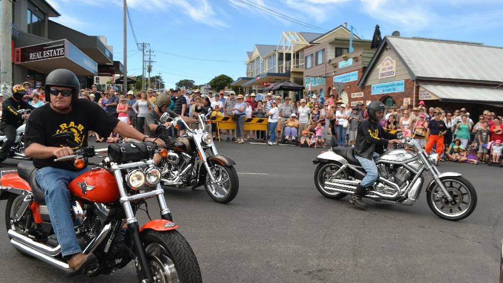 STREET PARADE: The Bermagui Cancer Research Advocate Bikers (CRABs), pictured at last year’s fair, will bring up the rear of this year’s Bermagui Fisherman’s Co-operative Street Parade at 10am on Saturday.
 