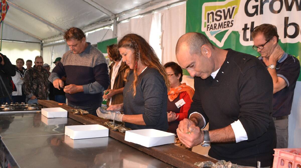 AWW SHUCKS: One of the heats of NSW Farmers oyster shucking contest saw Narooma oyster farmer Cheryl Colburn up against John Yiannaros (foreground), the twin brother of the eventual winner. Photo Stan Gorton