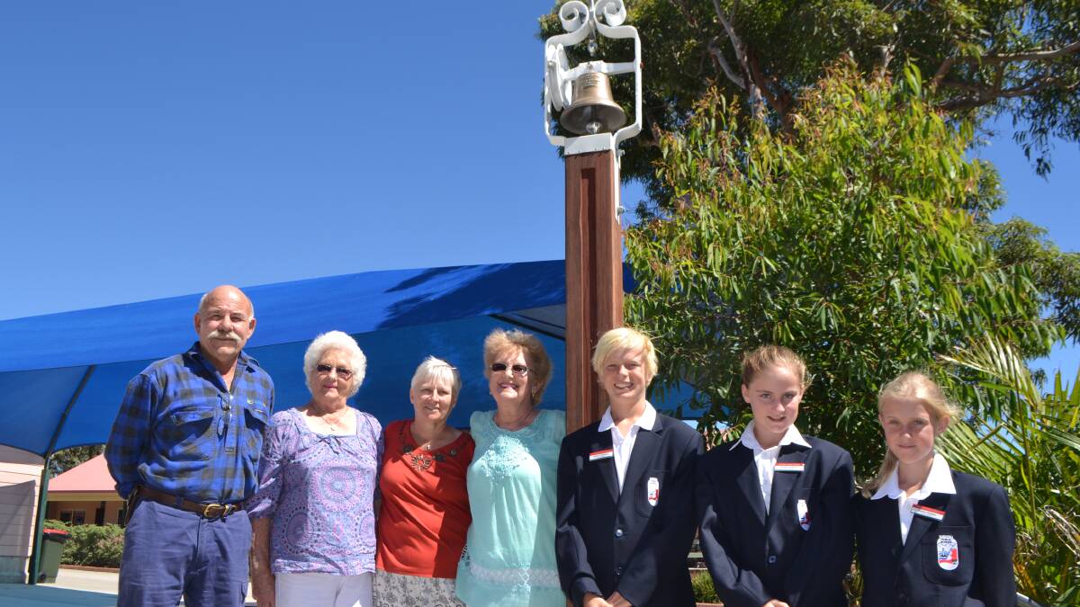 BELL CELEBRATION: Getting ready for this weekend’s big Narooma Public School 125th anniversary are original 100th anniversary committee members John Philip, Myra Wright, Elaine Noble and Sylvia Gauslaa, joined by the current school captains Ethan Anderson, Emma Jackson and Geena Thomas. Fellow captain Tully Wilton was away at touch footy try-outs.
 