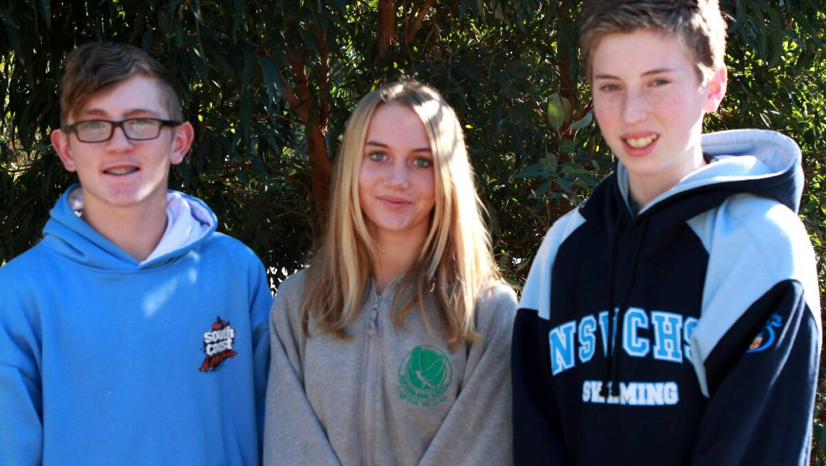 OFF TO STATE: Athletics finalists Narooma High School students Connor Griffiths, Lilly Bennet and James Hurley have qualified to compete at the NSW CHS championships at Homebush in September. 