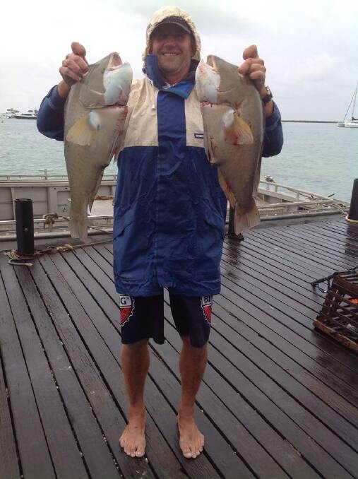 
DOUBLE BALDIES: Narooma plumber extraordinaire Unto Holopainen and his double header of bald chin groper caught at the Abrolhos Islands, WA.
