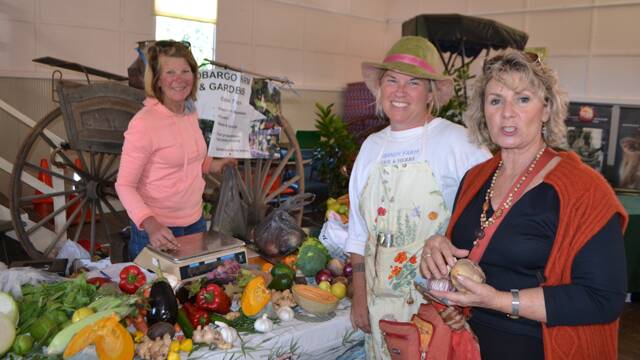 COBARGO PRODUCE: At the Tilba Festival on Easter Saturday are Janet Doolan of Cobargo Farm and Gardens with Tabitha Zarins of Tabandy Farm Wool and Herbs and Nelleke Gorton of Tanja.