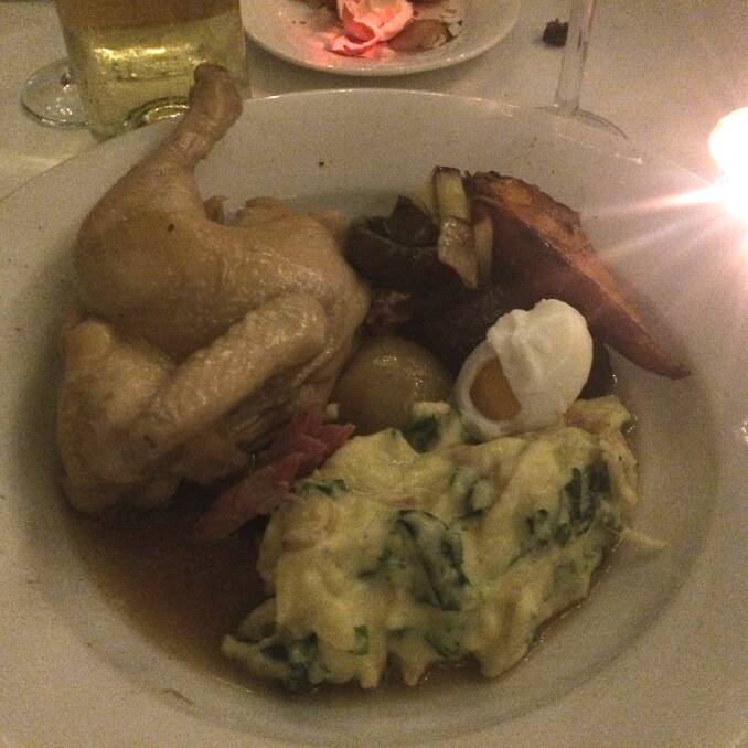 The main dish was a robust offering with Irish roots, being poached chicken in ham hock broth with a similarly poached egg in the shell, roasted local vegetables and of course colcannon, the traditional Irish combination of mash potato and cabbage.
