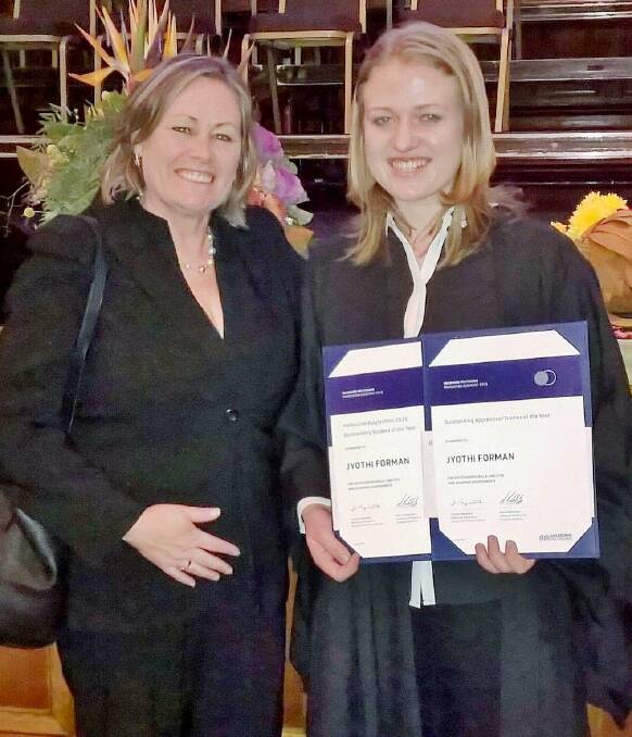 TOP STUDENT: Apprentice of the Year Jyothi Forman (right) and Georgie Staley at Melbourne Town Hall after receiving her latest award.  