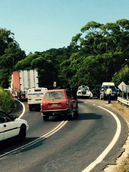 TRUCK BREAK: POLICE were called to the Princes Highway just north of the Narooma Bridge at 4pm Friday when a semi-trailer truck came to a stop when the universal joint connecting the trailer broke. Photo Megan Fraser