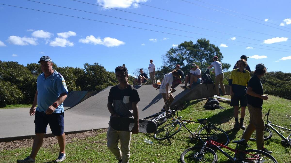 EXISTING PARK: The skaters head over the existing park to the Narooma Youth Club for the meeting. 