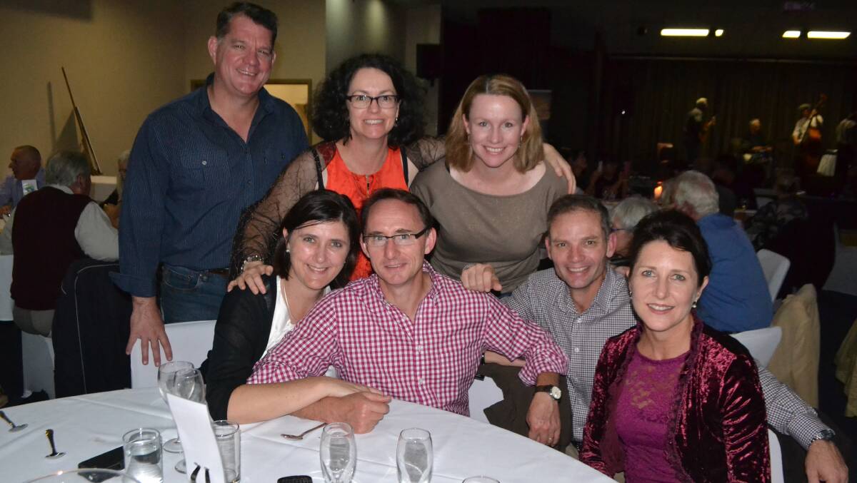 CANBERRA VISITORS: Canberra visitors (front) Pam and John Stone with John being the birthday boy, Glyn Lllynwarn, Lisa Pata; (back) Mark Goyle, Alice Dillon and Susan Coyle at the Narooma Oyster Festival dinner at the Narooma Golf Club on Saturday night. Photo Stan Gorton 