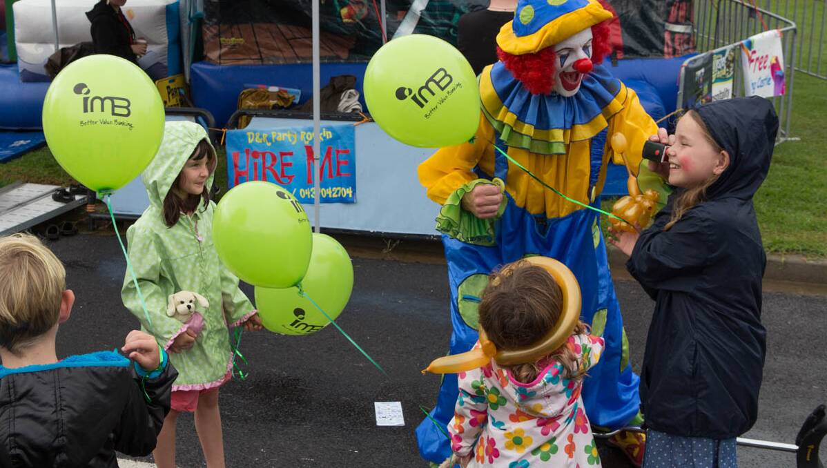 MILO THE CLOWN: Milo the clown had lots of fun with the crowd at the Narooma Oyster Festival. Photo Toby Whitelaw 