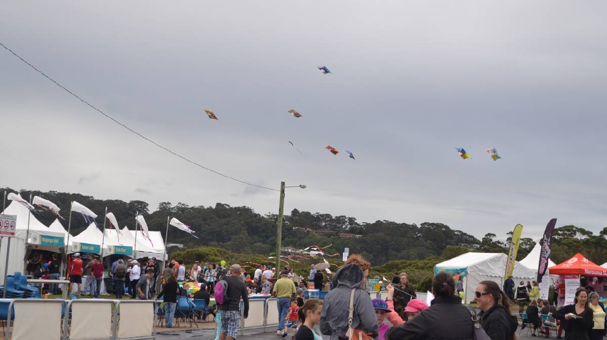 KITES HIGH: The sky above the Narooma Oyster Festival was filled with hand-made kites. Photo Stan Gorton