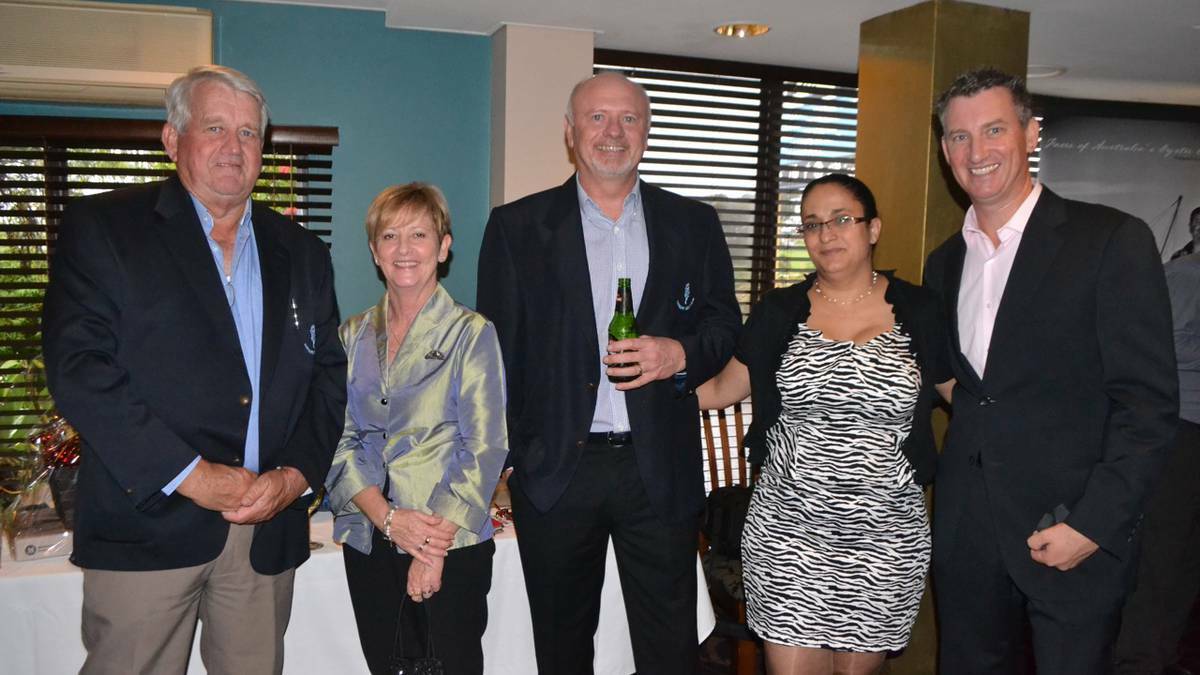 OPENING EVENT: Enjoying the festival launch at The Whale on Friday are Jim Grant, Sally Burnside, Narooma Golf Club general manager Dominic Connaughton, Narooma Chamber president Orit Karny-Winters and Cam Sullings from ActewAGL. Photo Stan Gorton 