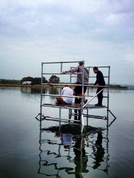 THE PLATFORM: The film crew erected a platform out on Wallaga Lake from which to do their filming. Photo by Josh Mccue 
