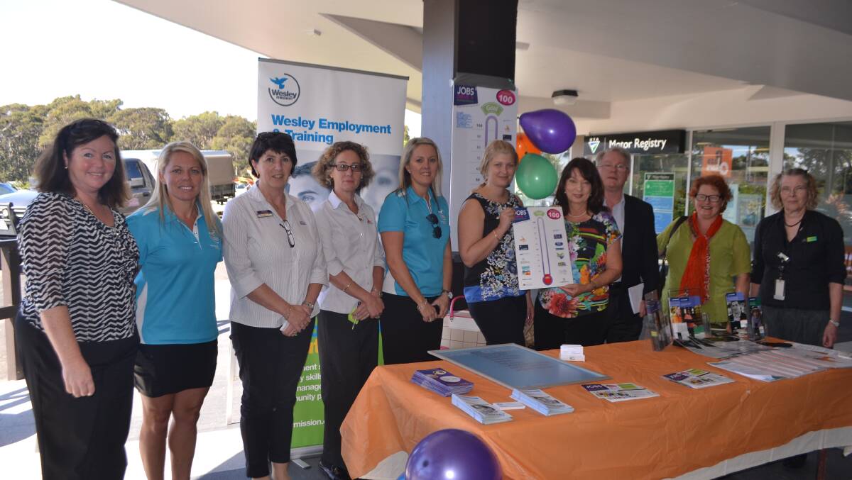 JOB DRIVERS: At the Jobs Drive stand at the Narooma Plaza last week were the Eurobodalla Shire Council’s Sarah Cooper, Lin Wilton from Wesley Employment and Training, Lyn Loughran from Max Employment, Judi Krantz from Auswide Projects, Samantha Roles from Wesley Employment, Jayella Roche from Campbell Page, the Department of Employment’s Jane Robinson and David Hickman from Federal Member Peter Hendy’s office, job seeker Annette Kennewell and Sally James from CRS Australia. 