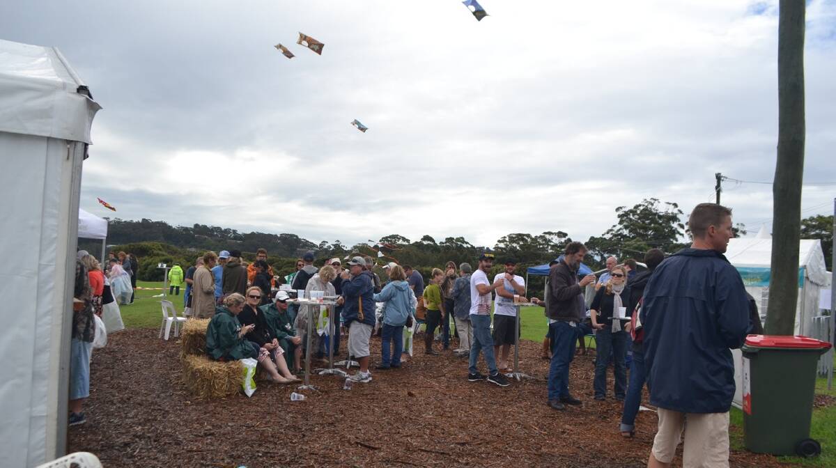 KITES AND DRINK: The crowd and kites at this year's Narooma Oyster Festival. Photo Stan Gorton