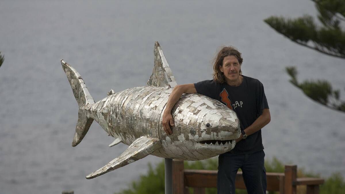 SILVER SHARK: Check out artist Brett Martin of Congo with his creation "Protection" made out of tin cans... The Sculpture on the Edge on the Bermagui headland is well worth checking out and don't forget it is the Bermagui Seaside Fair this weekend.