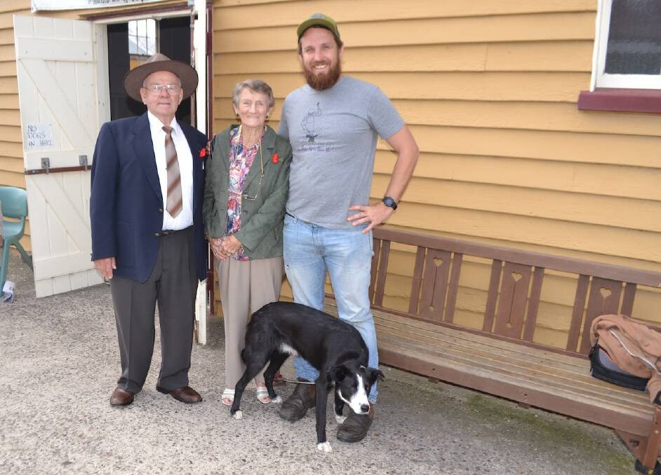CELEBRITY TIME: River Cottage Australia host Paul West attended the ceremony along with his dog Digger and is pictured with Norm and Kath Hoyer, who helped put together the Tilba ANZAC Day historic display. 