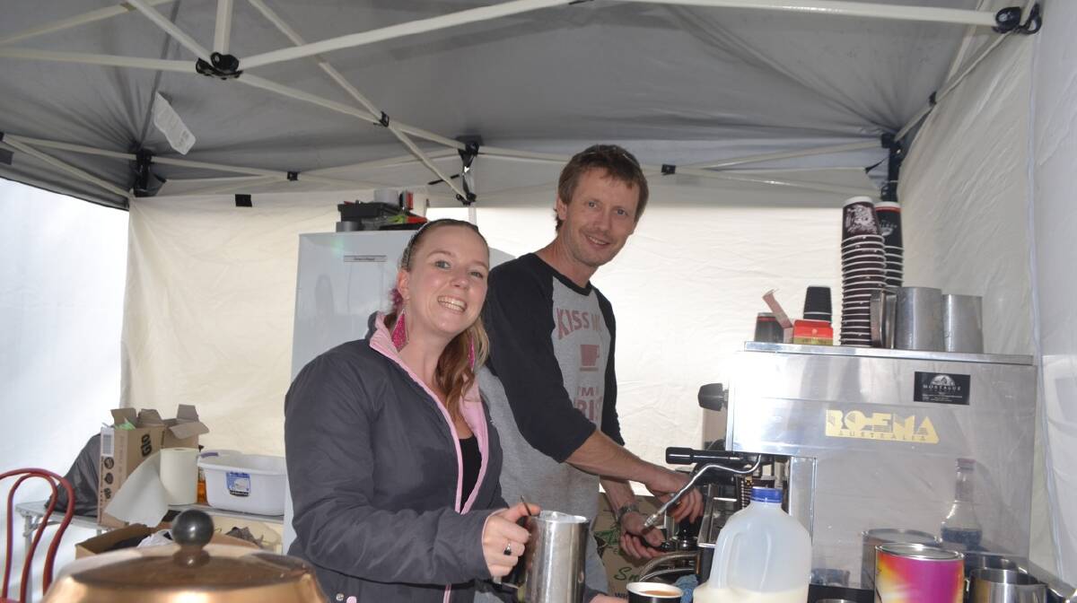 BEST COFFEE: Brewing the best local coffee at the Narooma Oyster Festival are Roxy White and Mark Coppin from Montague Coffee. Photo Stan Gorton