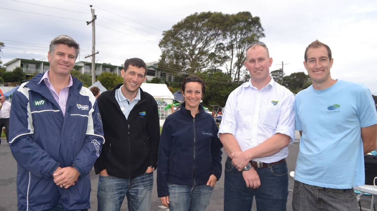 LAND REPS: Matt Rand from NSW Farmers, Simon Rowe from OceanWatch Australia, Jillian Keating from SE LLS, David Banham from NSW Farmers and Andy Myers from OceanWatch Australia at the Narooma Oyster Festival. Photo Stan Gorton