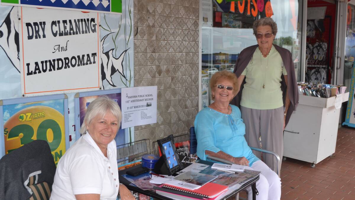 SELLING TICKETS: Sylvia Gauslaa and Myra Wright last week selling tickets for the 125th Narooma Public School reunion celebration raffle - also pictured is Margaret Saker who went to NPS back in 1946! 