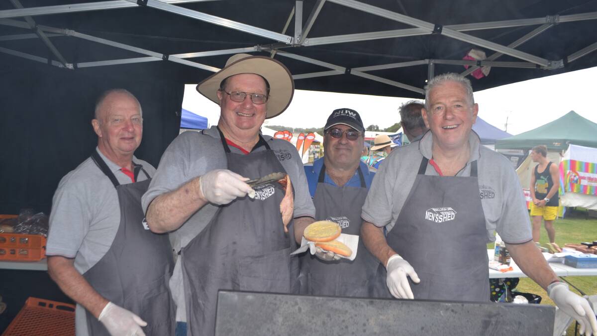 MEN’S SHED: Working the Men’s Shed/Lions barbecue on Saturday morning are Barry White, Fergus McWhirter, Shane Brooks and Ian Bailey. 