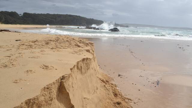 MYSTERY STORM: The current East Coast Low slams into Mystery Bay on Saturday morning causing beach erosion and putting on a show for visiting locals. Photo Stan Gorton