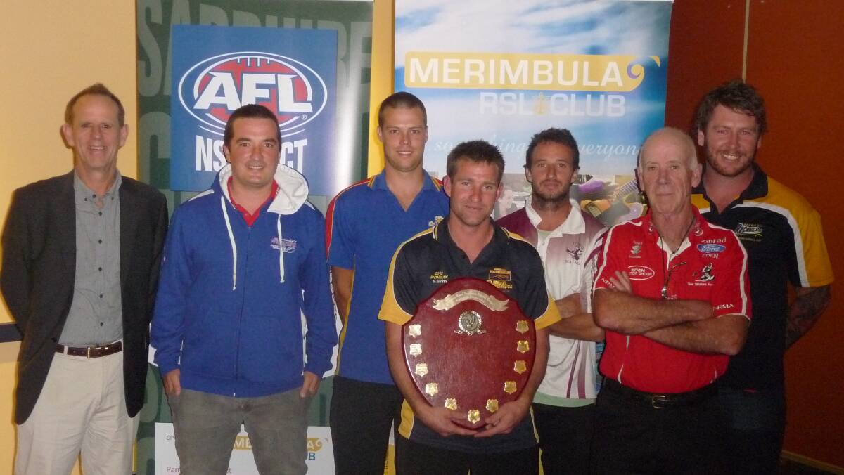 SOUTH COAST AFL: Tim Shepherd, Nick Dillon, Rowan Hawkey, Sean Smith, Ryan O’Loghlin, Greg Hooper and Dale Cameron at the official launch of the highly anticipated 2015 Sapphire Coast AFL season. 