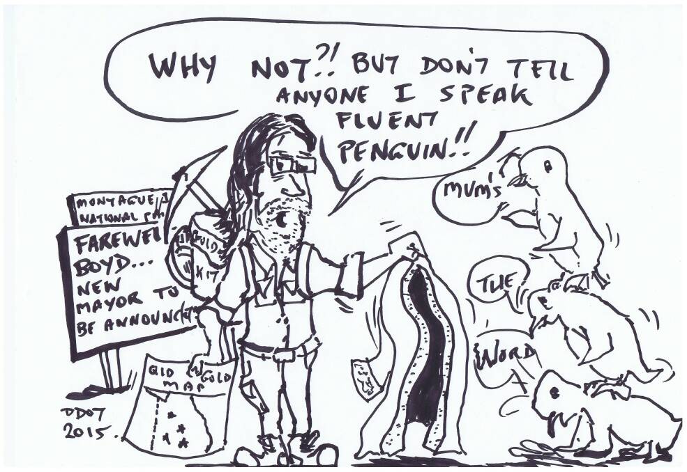 REPLACED BY PENGUINS: Narooma News cartoonist Brian Todd, aka D. Dot, has the Montague Island penguins taking over from Boyd Hastings as the mayor of the island. 