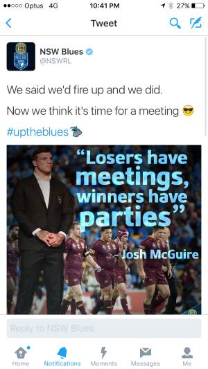 The deleted tweet: The NSWRL has copped it for sending out this tweet soon after the Blues defeated Queensland in game three. Pic: Twitter