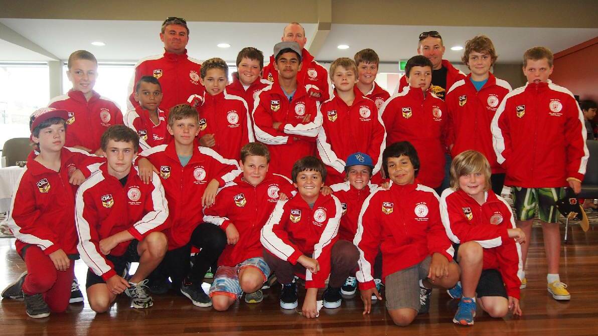 LITTLE DEVILS: The Narooma Devils U12s were the 2013 premiers. Pictured in the back row are Will Middlemiss, Koorin Parsons-Campbell, coach Paul Sweeney, Arnhem Campbell, Bradley O'Sullivan, Marcus Lonsdale-Patten, manager Craig Swadling, Adam Westrip, Joel Sweeney, Cooper Paulic, League Safe Peter Zideluns, Kade McGrath and Riley Breust, and in front are Shannon Miller, Blake Zideluns, Kaleb Moritz, Conner Breust, Liam Sweeney, Tully Wilton, Terrence Callaghan and Mitchell Swadling. Absent: Ammon Beard.