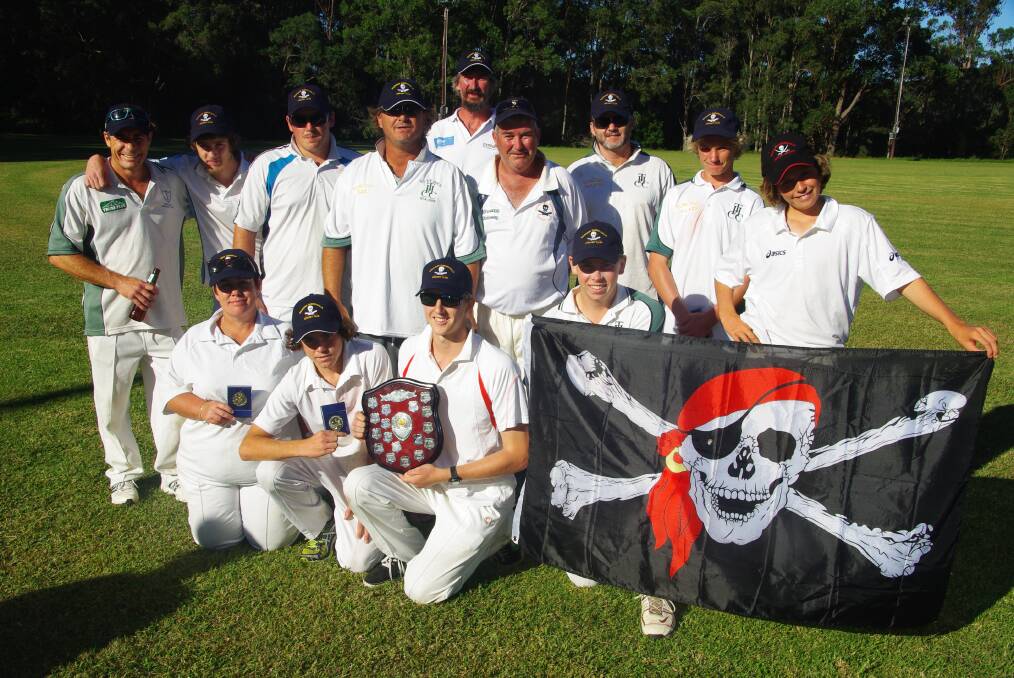 EUROBODALLA PIRATES: From back left Simon Hitchens, Ty Hitchens, Nathan McDairmid, Tony White, Scott Sullivan, Boyd Brennan-Captain, Steve Benic, Lachlan Brennan, Blake Paul - holding right side of flag. Front from left Jenny O'Brien, Theodore Turner, Ben Potter - with shield and Alex Filmer-Smith holding the left side of flag.