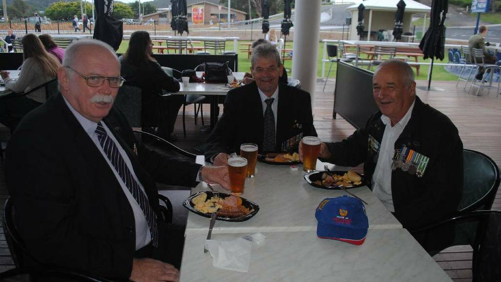 CATCHING UP: Narooma’s Trevor ‘Stinkfoot’ Bennett, (centre) is having breakfast with Stephen ‘Welchie’ Welch of Melbourne and Geoff Turner of Lakes Entrance. The three men fought together in Vietnam in the Battle of Nui Le on September 21, 1971. The Battle of Nui Le was the last major battle fought by the Australian Army in South Vietnam.