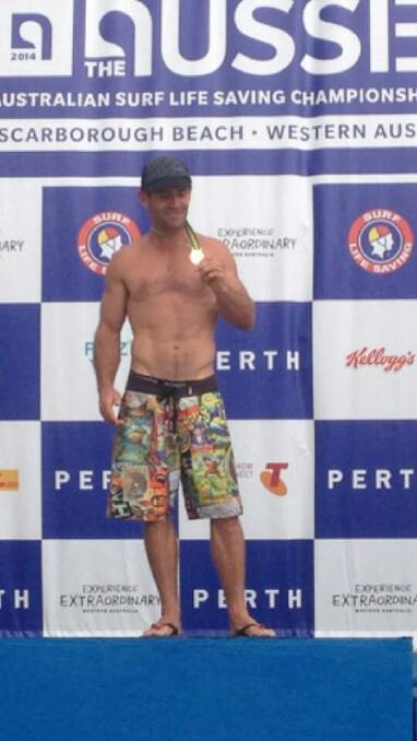 AMAZING ACHIEVEMENT: Narooma’s Justin Bennett wins gold in the 35-39 years Beach Sprint and the Beach Sprint and Flag Evernt at the Australian Surf Life Saving Championships in Perth.