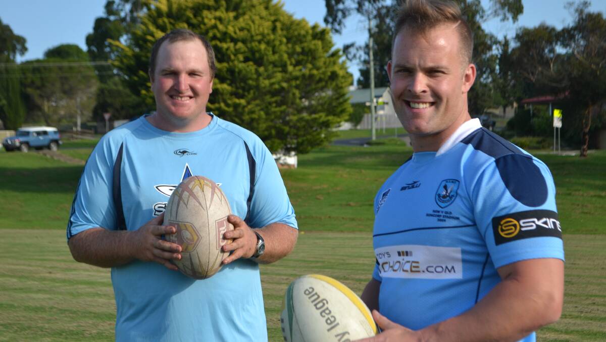 OLD MATES: Moruya Sharks captain/coach Tim Weyman and new recruit Luke Jay at training on Tuesday afternoon at Gundary Oval.