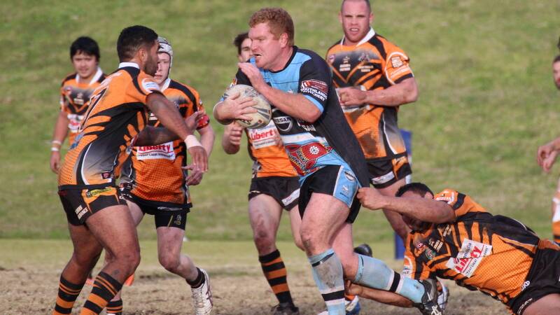 FRONT ON: Moruya Sharks first grade prop Shane Colebrook takes a hit-up during the minor premiership sealing win against Batemans Bay on Saturday. Photo: Andrew Jones. 
