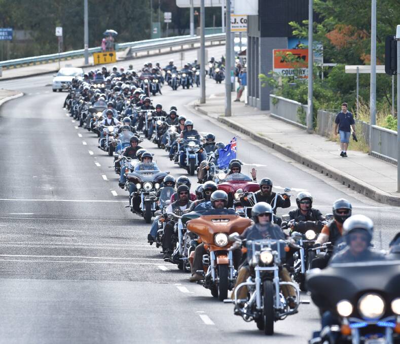 THUNDER STRUCK: A long line of Harleys revved up for the Thunder Run along Peel and Bridge streets yesterday morning.  010315BSA72