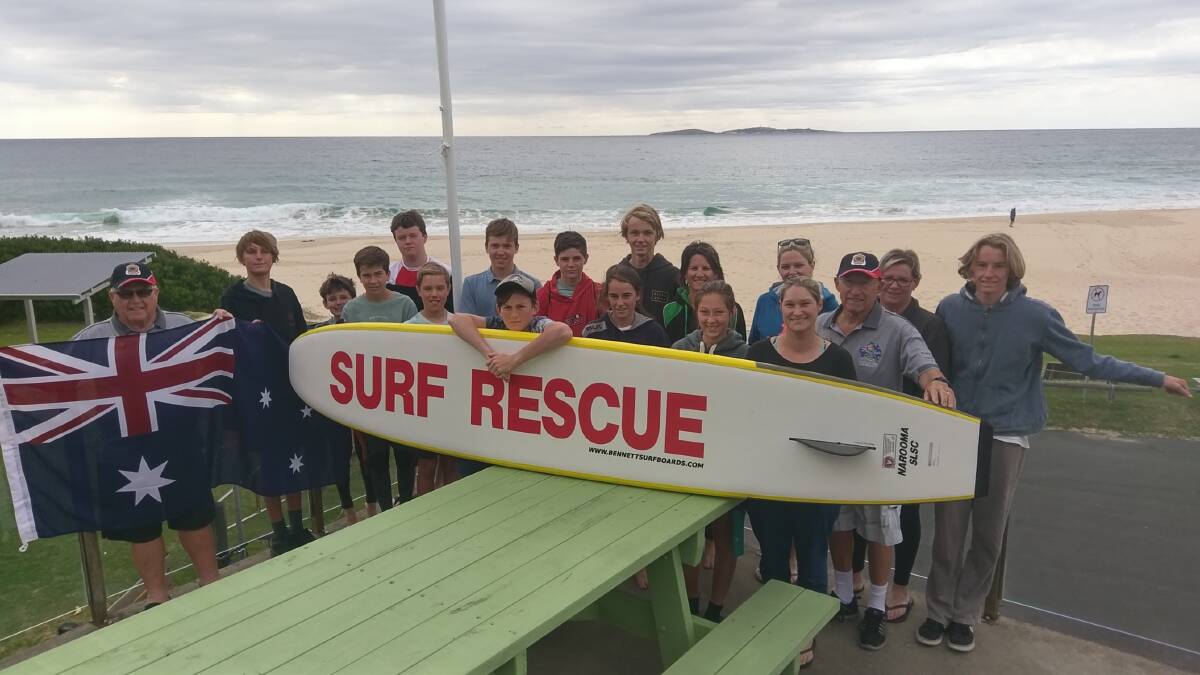 Class of 2017 ready to proudly serve on our beaches. Narooma SLSC’s newest Bronze Medallion and SRC graduating members and Narooma RSL Sub branch President Paul Naylor (left) and Jon King (right) receiving a  new Australian flag and flag pole for the Club Deck. 