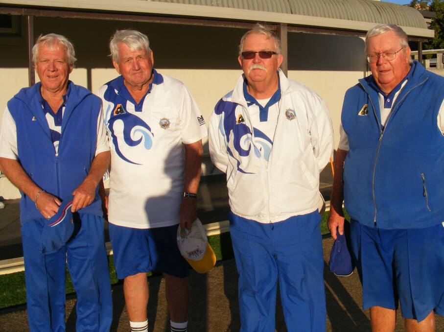 Winners of the Narooma Men's Bowls Club minor pairs Brian Seaman (skip) and Jim Grant are congratulated by runners-up John Downie (skip) and Warren Bender.