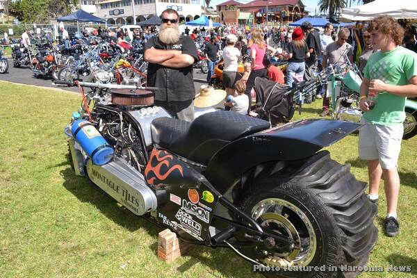 AT BERMI: Narooma’s Steve Henness and the V8 machine at the recent Bermagui CRABS bike show where it was on exhibition.