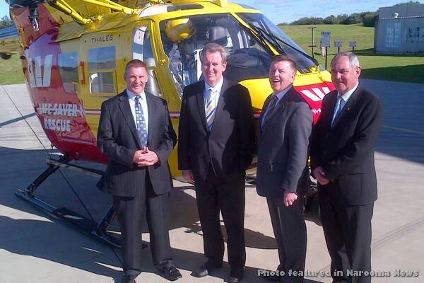 CHOPPER FUNDS: Westpac Surf Life Saver Rescue Helicopter CEO Stephen Leahy, NSW Premier Barry O’Farrell, Minister for Police Emergency Services Michael Gallacher and Surf Life Saving NSW CEO Phil Vanny.