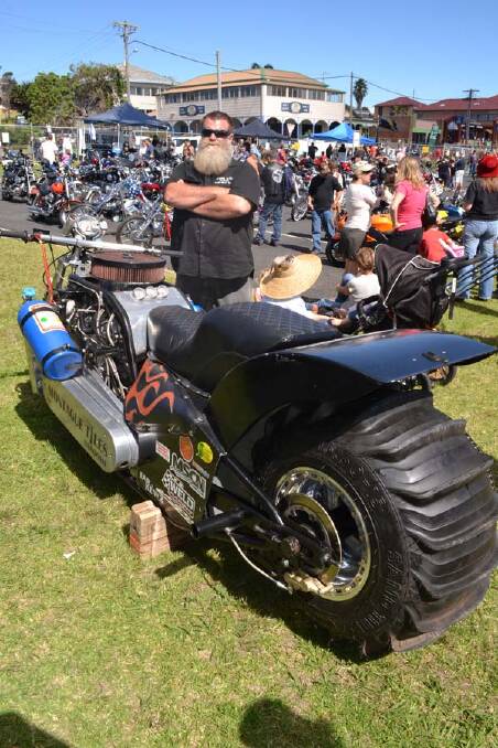 SAND DRAGGER: Crew chief for Mongrel Sand Drags monster is Steve Henness of Narooma. The bike took pride of place next to the stage at the inaugural Bermagui Bike Show.