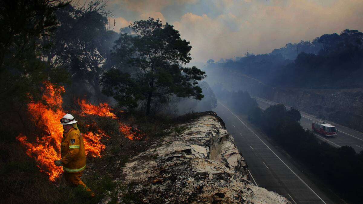 A rural fire service firefighter ignites a backburn above an empty F3 freeway on the eastern side of Berowra, on the central coast in 2007. Photo: DEAN SEWELL