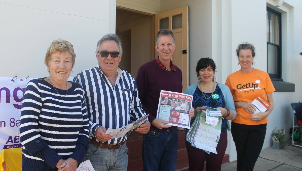 The “how to vote” crew outside the Candelo Town Hall (from left), Marie Hackett and David Noye of the Liberal Party, Phil Morgans of the Labor Party, the Greens’ Samantha Bailey and Sarah Russell from GetUp!.