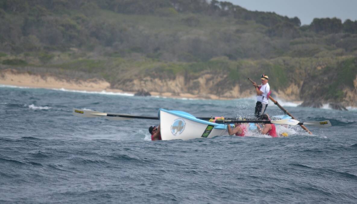 CREW CHANGE: Tathra veterans perform a successful crew change somewhere near Mystery Bay in today’s leg to Bermagui.