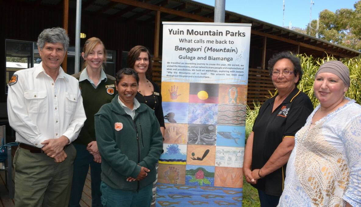 EVENT PLANNING: NPWS area manager Preston Cope, Gulaga National Park ranger Nadia Ross, NPWS Aboriginal discovery ranger Cathy Thomas, NPWS administrative officer Nuala Trindall, Gulaga NP Board of Management deputy chairperson Vivienne Mason and chairperson Iris White. 