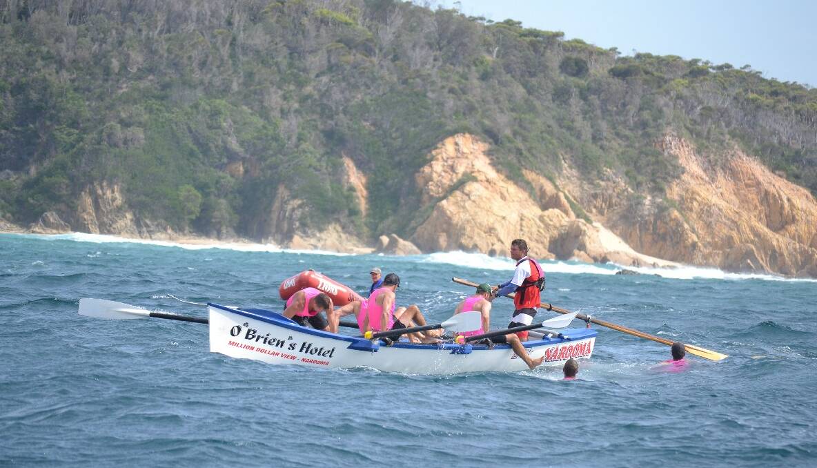 NAROOMA CREW CHANGE: Narooma performs a successful crew change somewhere near Mystery Bay in today’s leg to Bermagui.