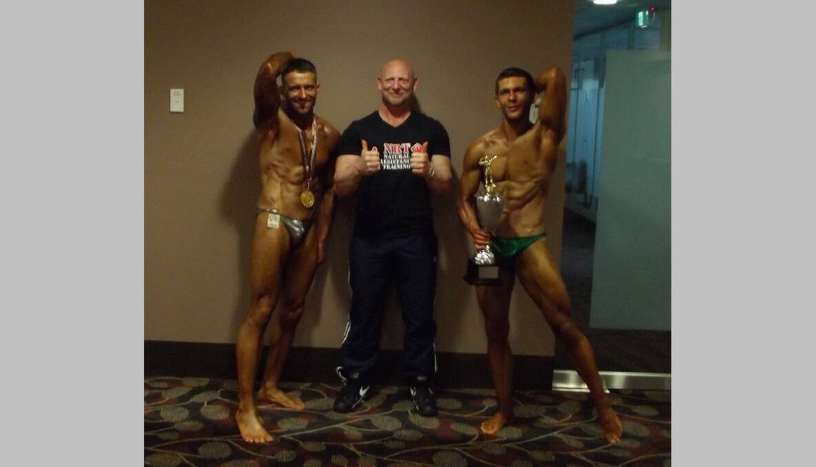 SCULPTED BODIES:  Jeremy Mathews-Bennett and Ryan Norman with Team NRT trainer Richard Norman at the Natural Bodybuilding Titles at the Southern Cross Club in Woden.  
