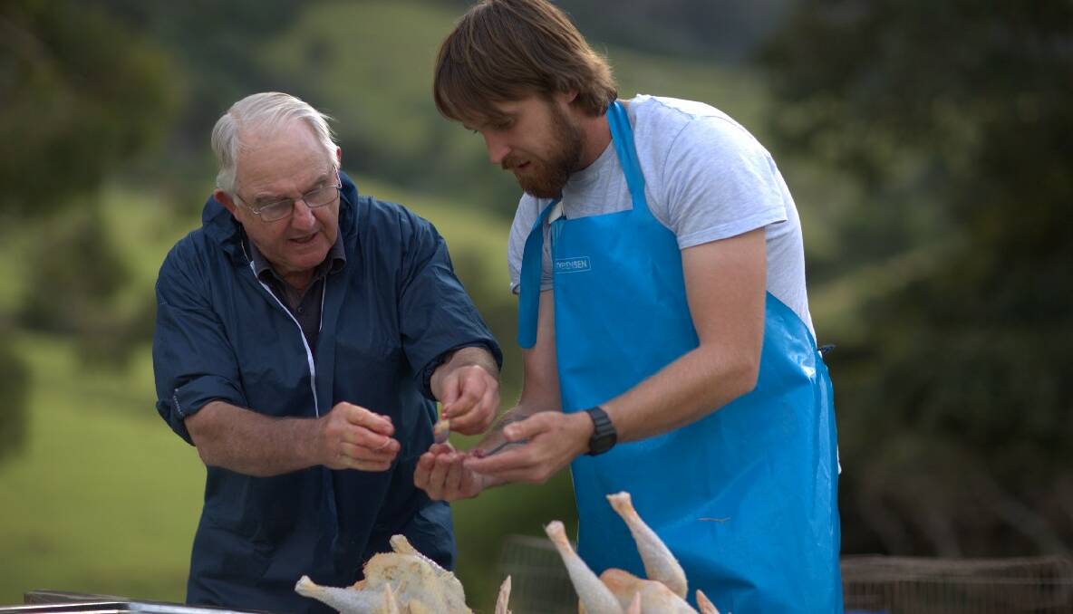 FOOD PRODUCTION: Bega small species abattoir founder Chris Franks puts on a great performance alongside River Cottage Australia host Paul West. 'Courtesy Foxtel/The LifeStyle Channel'