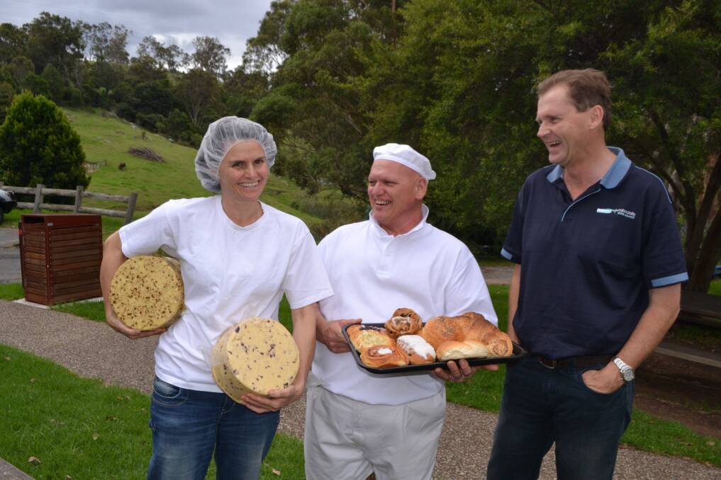 EXCITED AT TILBA: Erica Dibden from ABC Cheese, Alfie Facchetti from the Tilba Bakery, Eurobodalla mayor Lindsay Brown are among those in Central Tilba and the Eurobodalla ready to lay down the welcome mat to the television production of River Cottage Australia. 