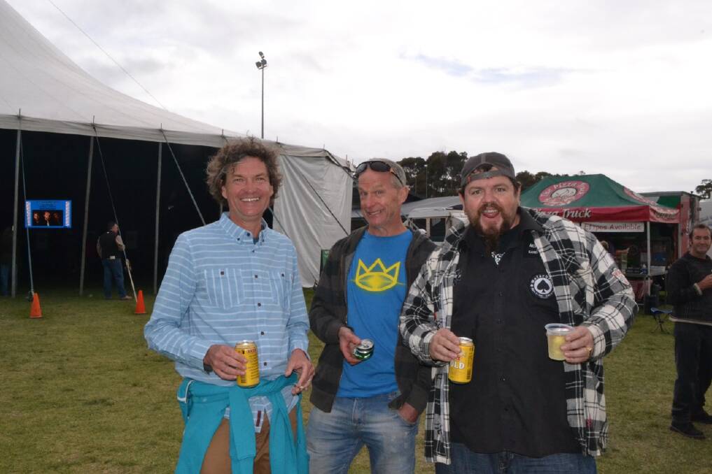 BLUES BOYS: Kevin “Donald” Duck from Potato Point with Chris Spurgeon and Stavross Betteridge at the Narooma Blues Fest on Sunday afternoon.