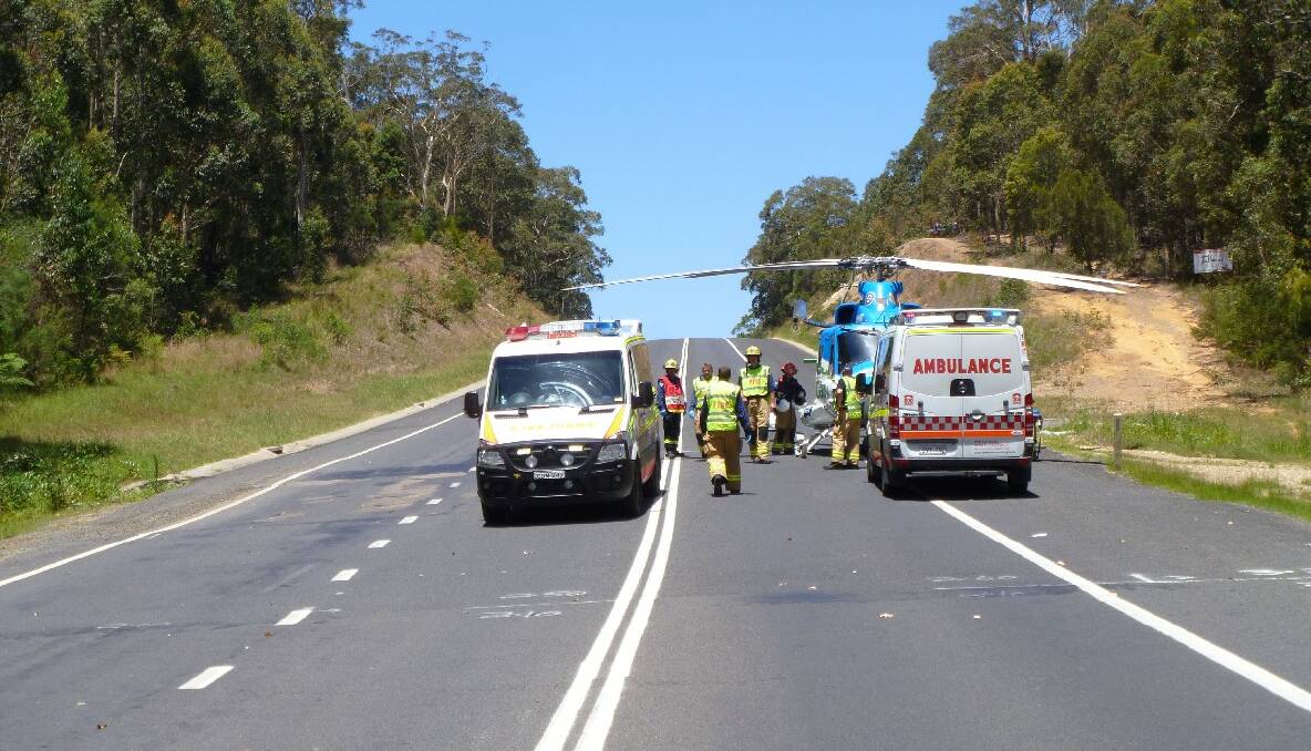 RESCUE CHOPPER: The Snowy Hydro SouthCare rescue helicopter attends the scene of a motor vehicle accident in Batehaven. Photo by Bryce England, Snowy Hydro SouthCare pilot 